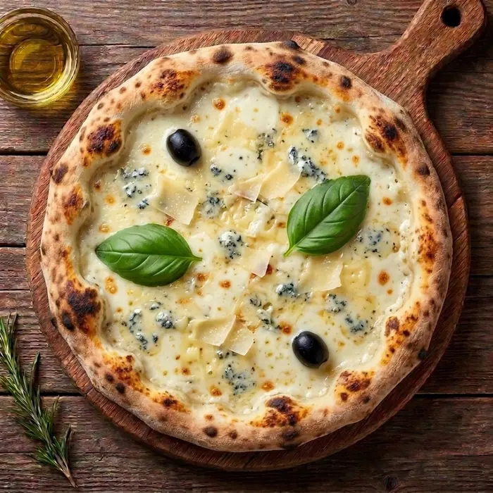 4 Fromages — Sauce blanche, cheddar, gouda, gruyère, camembert, olives — Pizzeria ILYES Oran