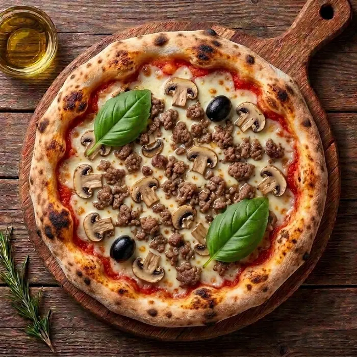 4 Saisons — Sauce tomate, fromage, viande hachée, champignons, olives — Pizzeria ILYES Oran