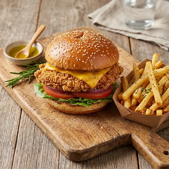 Crispy Burger — Pain burger, poulet crispy, salade, fromage, sauce — Pizzeria ILYES Oran