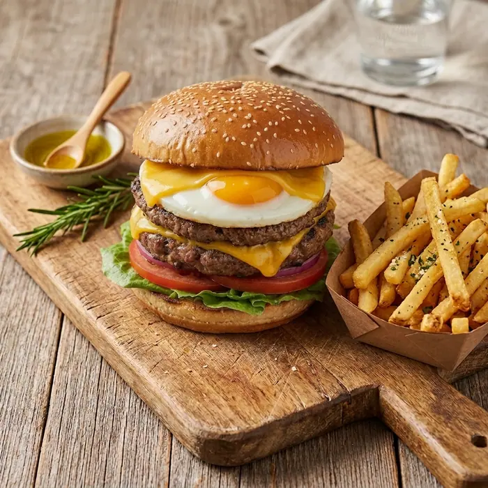Double Américain — Pain burger, double viande, salade, fromage, sauce burger — Pizzeria ILYES Oran