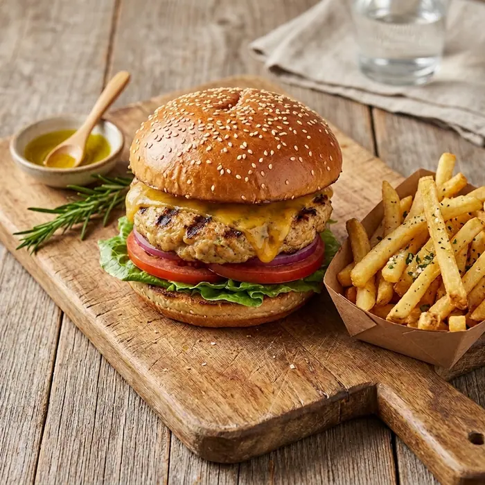 Cheese Chicken Américain — Pain burger, poulet, cheddar fondu — Pizzeria ILYES Oran