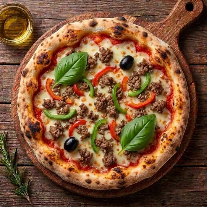 Mexicaine — Sauce tomate, fromage, viande hachée, poivre, olives vertes — Pizzeria ILYES Oran