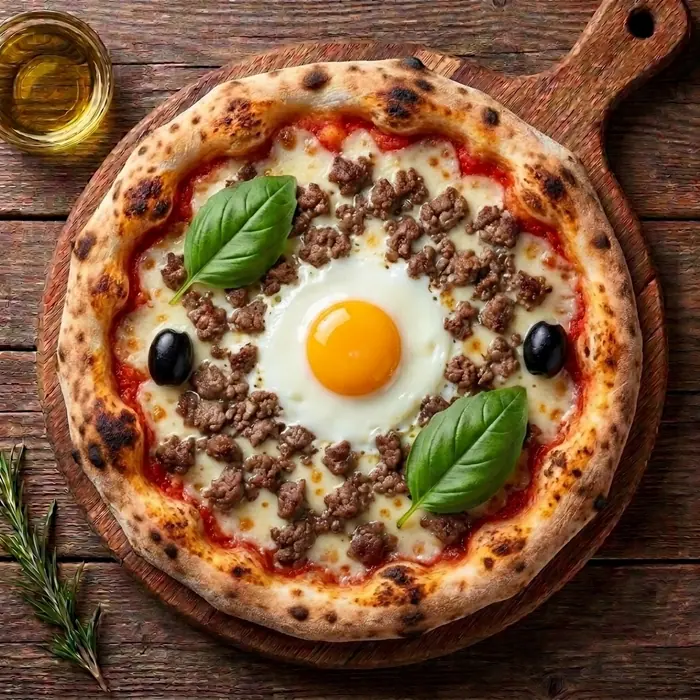Orientale — Sauce tomate, fromage, viande hachée, œuf, olives — Pizzeria ILYES Oran