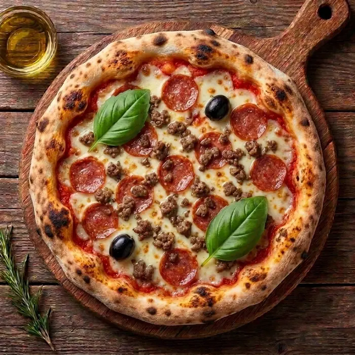 Parisienne — Sauce tomate, fromage, viande hachée, viande fumée, champignons, olives — Pizzeria ILYES Oran