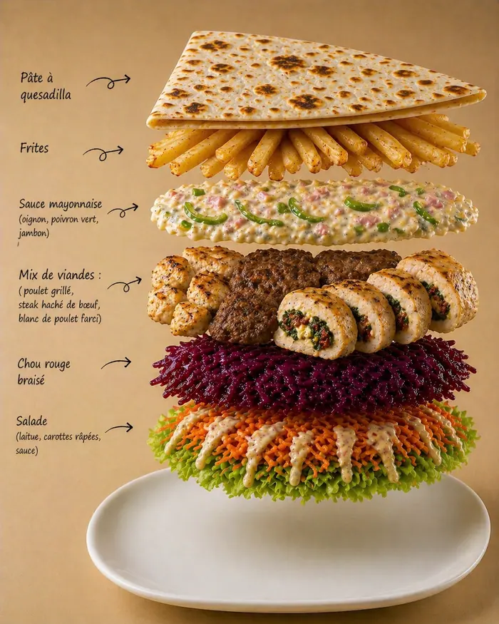 Mixte — Frite, poulet, viande hachée, salade, tomate, macédoine, œuf — Pizzeria ILYES Oran