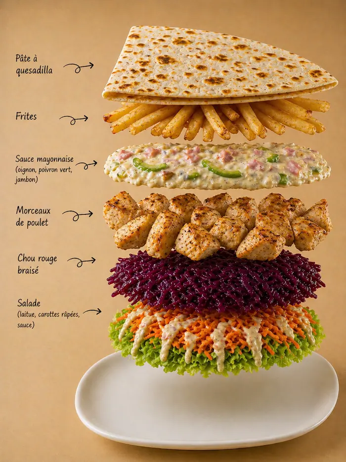 Poulet — Frite, poulet mariné, salade, tomate, macédoine — Pizzeria ILYES Oran