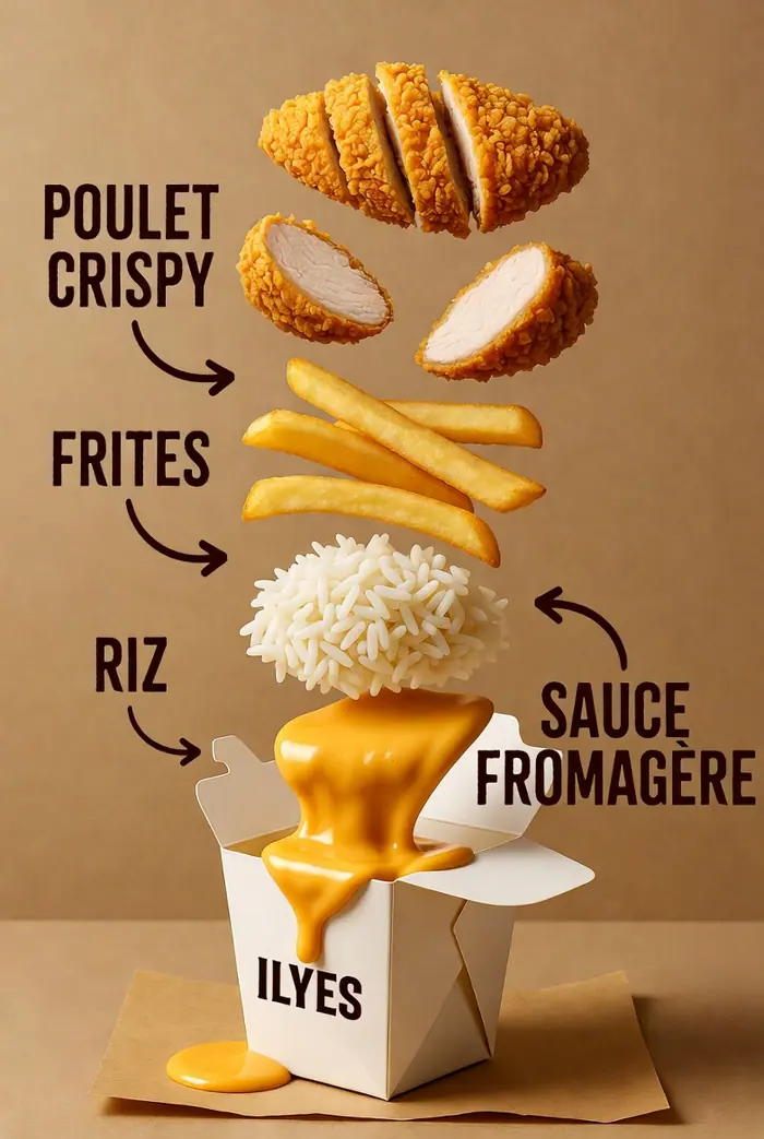 Poutine Crispy — Frites ou riz sur demande, 3 morceaux poulet crispy coupé, sauce fromagère — Pizzeria ILYES Oran